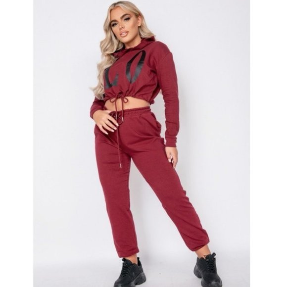 Burgundy Love Print Long Sleeve Hooded Crop Top and Joggers Pants Two Piece Set - Picture 2 of 10